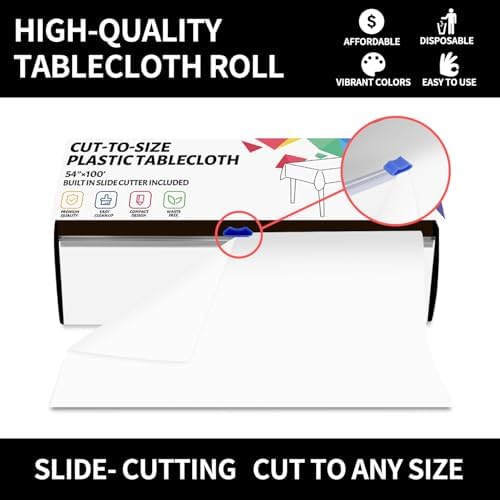 CXPSINC 54 Inch X 100 Feet Plastic Table Cover Roll Disposable Tablecloth with Slide Cutter for All Type/Shape Tables | Party, Banquet, Birthdays, Weddings(White, 100 Feet)