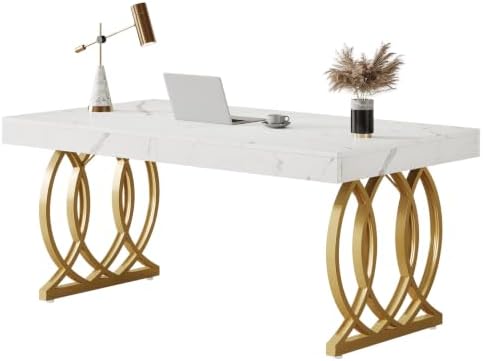 Tribesigns 63-Inch Executive Desk, Modern Office Computer Desk with Stylish Gold Legs, Rectangular Workstation for Home Office, Small Conference Table for Meeting Room (White & Gold)