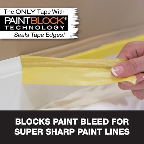 FrogTape Delicate Surface Painters Tape with PAINTBLOCK, 1.5 in Wide (1.41 in x 60 yd), Low Adhesion, Painting Tape Ideal for Freshly Painted Walls, Trim & Surfaces, Yellow, 4 Rolls (240662)