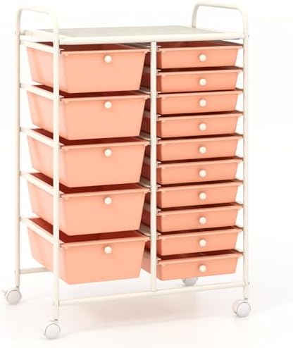 COSTWAY 15 Drawer Rolling Storage Cart, Mobile Utility Cart with Lockable Wheels, Drawers, Multipurpose Organizer Cart for Home, Office, School, Peach