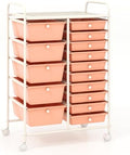 COSTWAY 15 Drawer Rolling Storage Cart, Mobile Utility Cart with Lockable Wheels, Drawers, Multipurpose Organizer Cart for Home, Office, School, Peach