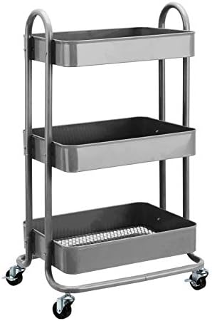 Amazon Basics 3-Tier Rolling Utility or Kitchen Cart, Lockable Wheels, Multifunctional Storage, Mobile Shelving Unit, Metal Storage Organizer, Charcoal