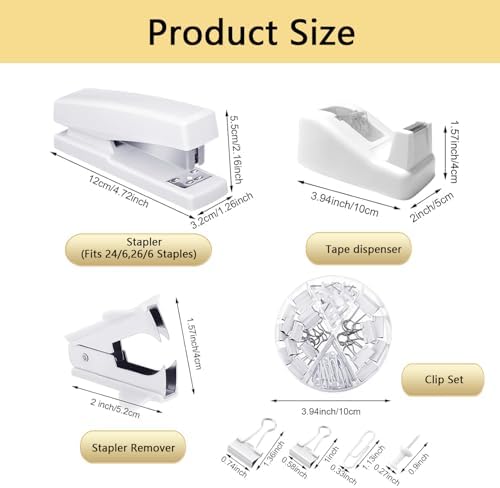 Office Supplies,White Desk Accessories,Office Supplies Set,Stapler and Tape Dispenser Set,Scissors,Staple Remover,Binder Clips,Staples,Ballpoint Pen,Index Tabs with Ruler,Clear Tape.9pcs for Office
