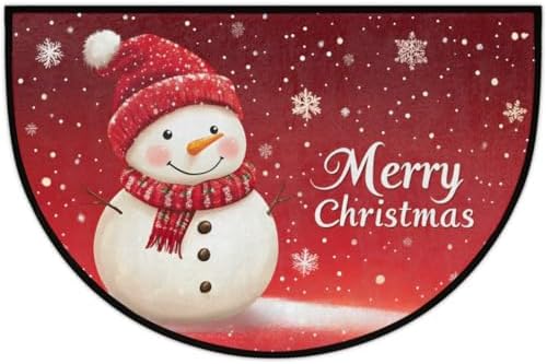 Merry Christmas Cute Snowman Half Round Door Mat, Non-Slip Welcome Indoor Entrance Way Rug Semi Circle Front Doormats Washable Bathroom Kitchen Floor Mat, Outdoor Rugs for Garage, Patio, Hearth Rug