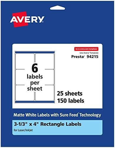 Avery® Matte White Rectangle Labels, Sure Feed® Technology, 3-1/3" x 4", 150 Matte White Printable Labels