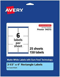 Avery® Matte White Rectangle Labels, Sure Feed® Technology, 3-1/3" x 4", 150 Matte White Printable Labels