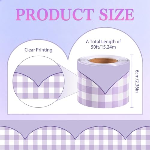 50ft Checkered Bulletin Board Borders, Checkerboard Straight Trim Border with Scalloped Edge Print, Classroom Decor for Chalkboard Whiteboard Back to School Supplies, Purple and White