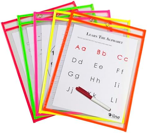C-Line Reusable Dry Erase Pockets, 9 x 12 Inches, Assorted Neon Colors, 10 Pockets per Pack (40810)