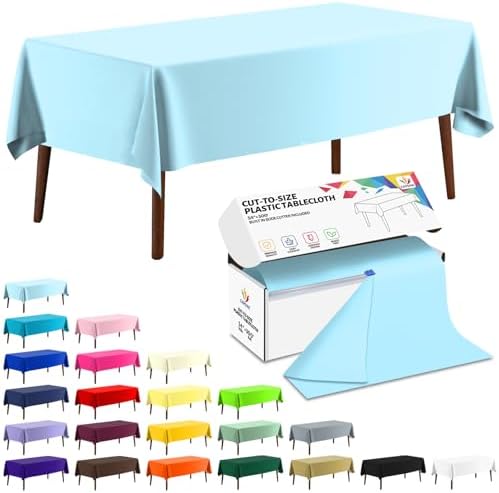 CXPSINC 54 Inch X 300 Feet Plastic Table Cover Roll Disposable Tablecloth with Slide Cutter for All Type/Shape Tables | Party, Banquet, Birthdays, Weddings(Light Blue, 300 Feet)