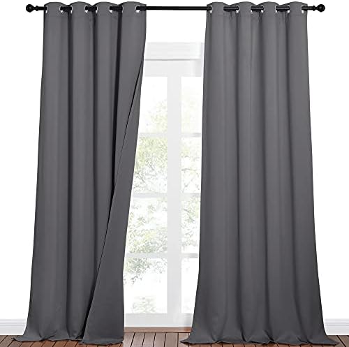 NICETOWN 3-in-1 Dampen Noise Blackout Thermal Reducing Curtains, Heavy Full Light Shading Drapes with Detachable Liner for Villa/Hall/Dorm Window（Gray, Package of 2, 52 inches Wide x 90 inches Long