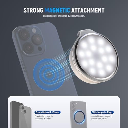 NEEWER Basics Magnetic LED Selfie Light Compatible with MagSafe iPhone, Desk Stand Phone Holder with Makeup Mirror 1160lx/0.2m 900mAh CRI95 Fill Lighting for Video Recording Streaming, White NL48R