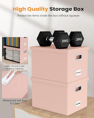2 Pack File Storage Organizer, Portable File Box with Lid, Fit for Letter/Legal File Folder Storage, Cream-pink (Leather) Box