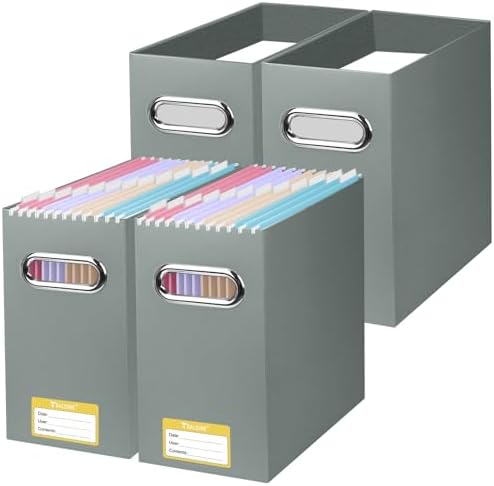BALEINE 4PK File Organizer Box, Cardboard File Folder Organizer with Handle | Strong Corrugated Paper Core, Label Stickers for Identification, Hanging File Folder Organizer, Home Office Document Storage