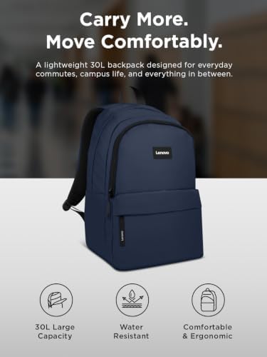 Lenovo 16-inch Commuter Backpack B10, Lightweight 30L Laptop Backpack, Water-Resistant Travel Bag with 6 Storage Compartments, Anti-Theft Pocket & Luggage Strap, Fits Up to 16" Laptop, Navy Blue