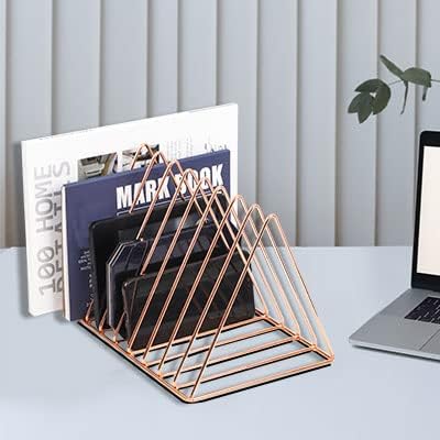 Rose Gold Magazine Holder, Desktop File Sorter Organizer Triangle 9 Slot Newspaper Record Storage Shelf Rack for Home Office Decoration