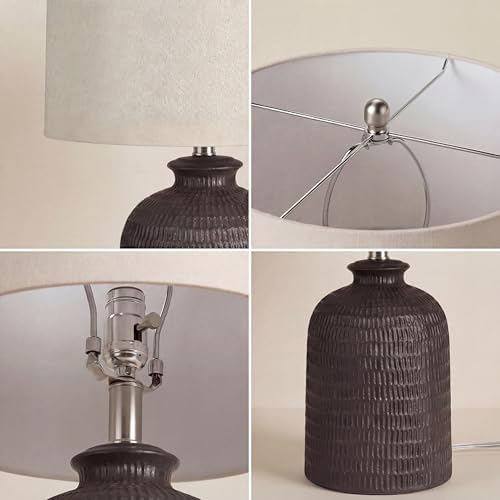 Nourison Home 24" Black Textured Ceramic Table Lamp with Tan Linen Shade, Rustic Farmhouse Accent Lamp, Bedside Lamp for Bedroom, Nightstand, Living Room