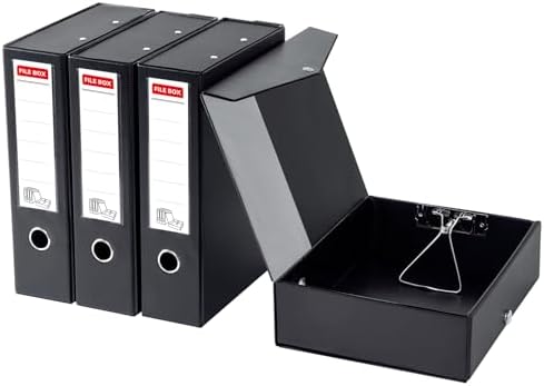 Storage File Boxes 4 Pack, Foldable File Box with Clip, 88mm Spine, Black | Archives Cases with Magnetic Closure, Plastic Document File Organizer Storage