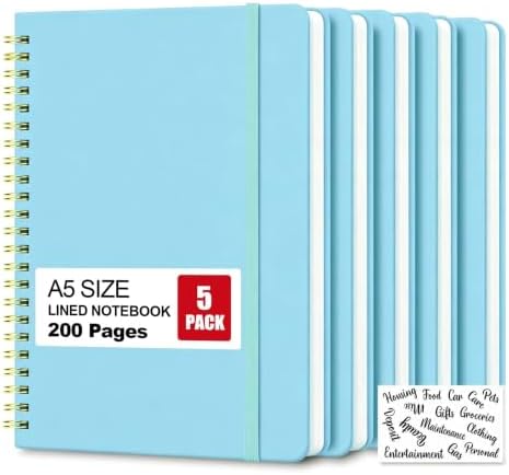 5 Pack Hardcover Spiral Notebooks, 8.3" x 6.3" Lined Journal Set, 100 GSM Bleed-Resistant Paper, 200 Pages Twin-Wire Bound Notebook with Elastic Band & Category Stickers for Office, School