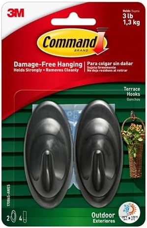 Command Outdoor Terrace Hooks, 2 Hooks and 4 Strips, Damage-Free Hanging Wall Hook for Hanging Back to School Decorations with Weather Resistant Strips, Holds up to 3 lb