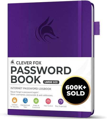 Clever Fox Password Book with Alphabetical Tabs, 7"x10" Keeper Purple