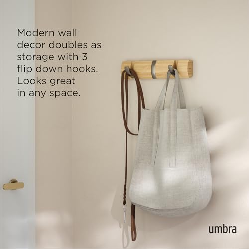 Umbra Flip Coat Rack, Wall Mount Retractable Hooks, 3-Hook, Natural/Nickel