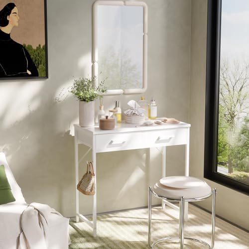Pamray 32 Inch Small Computer Desk with 2 Drawers for Bedroom Study Writing Home Office Table for Small Spaces White