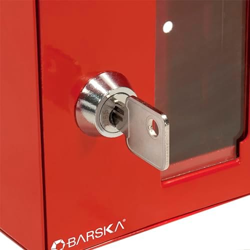 Barska Red Key Lock Breakable Glass Window Alarm Emergency Key Storage Lock Box with Attached Hammer for Home and Business