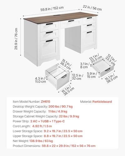 VEVOR 60" Executive Desk with Drawers, Farmhouse Home Office Desk with Charge Station, Keyboard Tray, File Storage Cabinet, 200 LBS Load Capacity Wood Table, Easy Assembly, for Work Study, Walnut