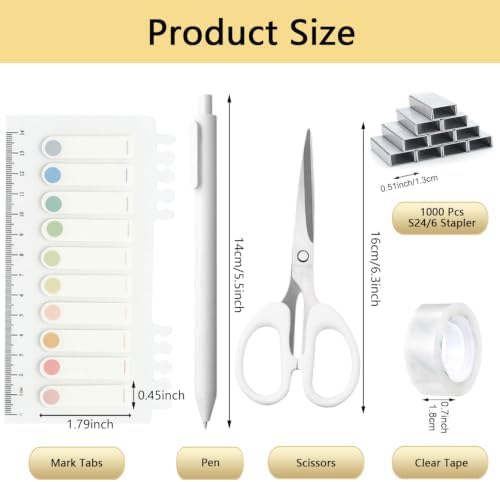 Office Supplies,White Desk Accessories,Office Supplies Set,Stapler and Tape Dispenser Set,Scissors,Staple Remover,Binder Clips,Staples,Ballpoint Pen,Index Tabs with Ruler,Clear Tape.9pcs for Office