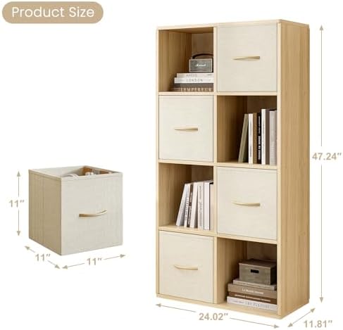 EXPERLAM 8 Cube Storage Organizer - Solid Wood Bookshelf with 4 Storage Bins, Cube Shelf with 2 Removable Back Panels, Vertical or Horizontal Bookcase, Open Book Shelf for Bedroom, Living Room, Office