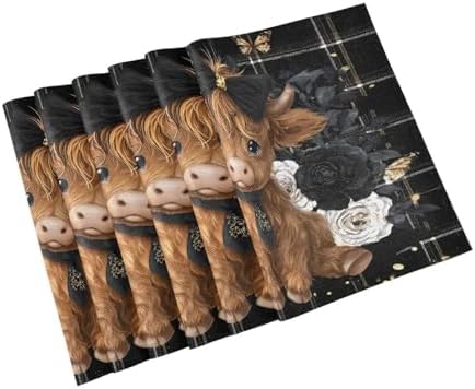 ALAZA Highland Cow Rose Butterfly 1 PC Placemats Rectangle Table Mat for Dining Table Restaurant Kitchen Home Decor, 12" x 18"