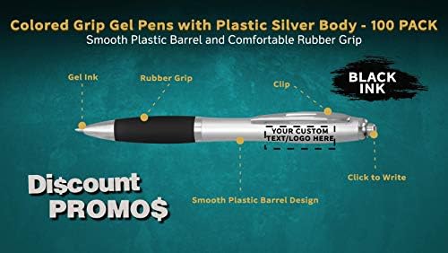 DISCOUNT PROMOS Custom Colored Grip Gel Pens Set of 100, Personalized Bulk Pack - Great for Office, School, Business, Tradeshows, Events - Black