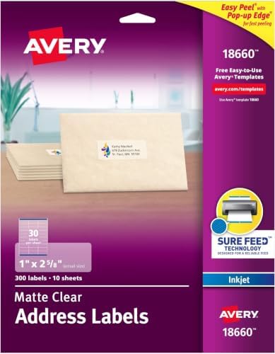 AVERY Clear Address Labels 1 x 2-5/8 inch | Matte Finish | Sure Feed Technology | For Inkjet Printers | 300 Labels, Pack of 5