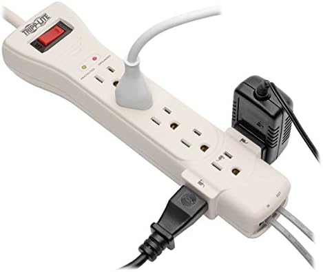 Tripp Lite 7 Outlet Surge Protector Power Strip, 7ft, Right-Angle Plug, Fax/Modem Protection, RJ11, $75,000 Insurance (SUPER7TEL), Gray, 10.3" x 2.8" x 1.5"