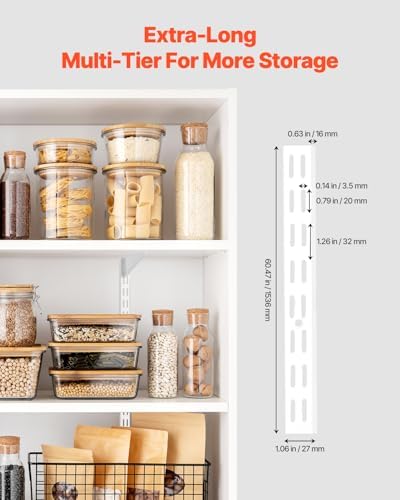 VEVOR Shelf Pilaster, 60-inch 5 Pack, Dual Track Upright Wall Shelving System, Heavy Duty Support System Twin Slot Shelf Rails, 25 Screws, Suitable for Cabinet Closet Organization Storage, Silver