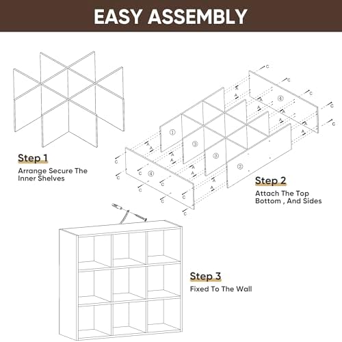 9 Cube Storage Organizer Wooden Display Storage Shelf W/5 Removable Back Panels&11 inch Opening Shelf, Customizable Cubby Bookcase Cabinet Bookshelves for Office, Living Room and Bedroom, Dark Brown