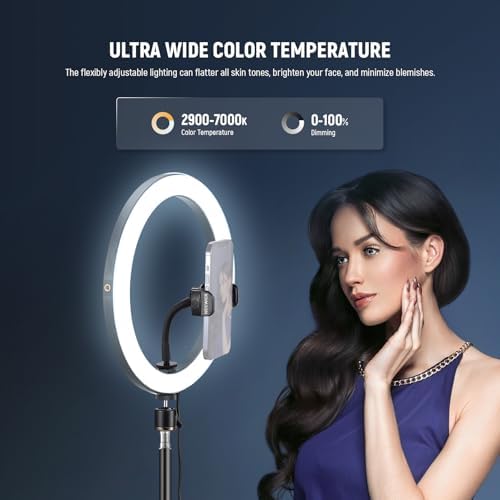 NEEWER 12" 24W Power LED Ring Light with Tripod Stand, Bi Color 2900-7000K, USB C PD Input, CRI97+ 1810lux/0.5m Compatible with iPhone Makeup Studio Streaming Selfie Video Recording, RH12B
