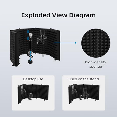 Microphone Isolation Shield – Foldable & Adjustable Soundproof Panel for Recording, Podcasting, Vocal Booth, Studio & Home Use (Five sides without stand)