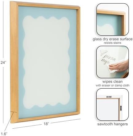 Kate and Laurel Framed Glass Dry Erase Art Parisien Blue Wavy Border Whiteboard for Wall by The Creative Bunch Studio, 18 x 24, Blake Natural Frame, Modern Contemporary, Dry Erase Art for Wall Decor
