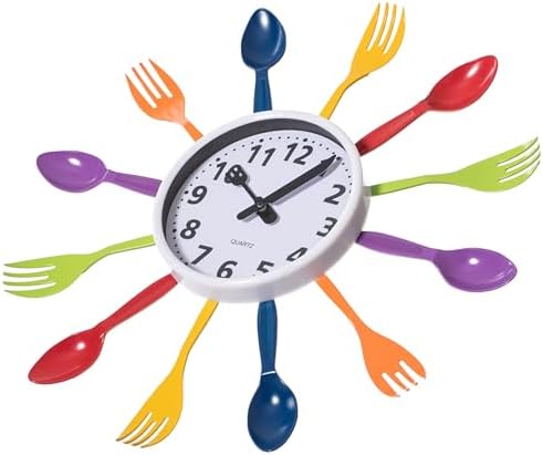 Clockswise Bulk Set of 10PC 14" Oversized Decorative 3D Cutlery Utensil Spoon and Fork Wall Clock, Multicolor Design for Vibrant Kitchen, Playroom, or Bedroom Decor, Battery-Operated Silent Sweep,