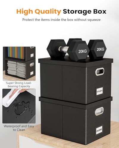 2 Pack File Storage Organizer Box, Portable Filing With Lid, Fit for Letter/Legal Folder Storage, Black (Leather)
