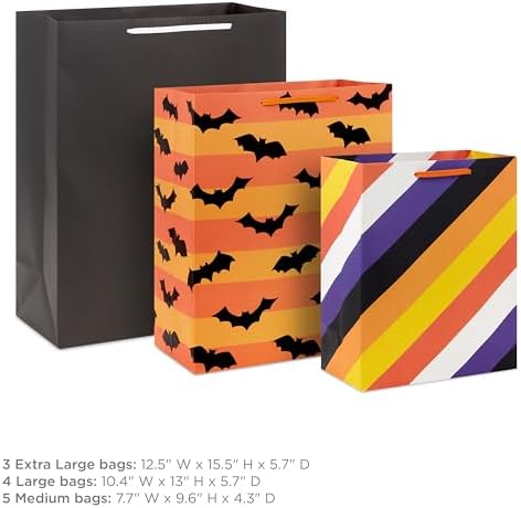 Hallmark Halloween Assorted Gift Bags Bulk - Black, Orange and Purple (12 Bags: 5 Medium 9", 4 Large 13", 3 Extra Large 15") Stripes, Polka Dots, Solids for Kids, Teachers, Birthdays