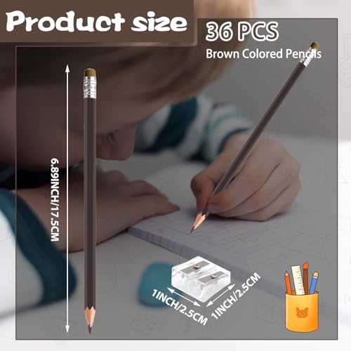 36 PCS Brown Colored Pencils with Eraser Pre Sharpened Pencil 2 HB - Ideal for Checking, Grading, Tests & Office/School Supplies (Brown)