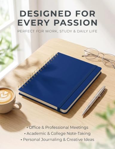 5 Pack Hardcover Spiral Notebooks, 8.3" x 6.3" Lined Journal Set, 100 GSM Bleed-Resistant Paper, 200 Pages Twin-Wire Bound Notebook with Elastic Band & Category Stickers for Office, School