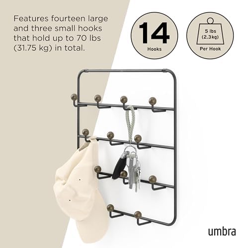 Umbra Estique Coat Rack, Over the Door Wall Hooks, 14 Hook, Black/Walnut