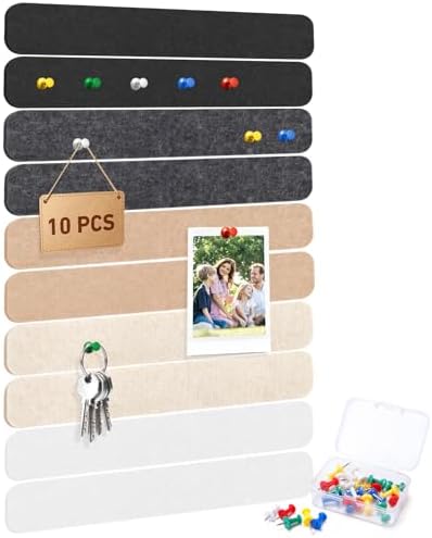 HAUTOCO Felt Bulletin Strips 10 Pack, 13" x 2" Self Adhesive Pin Board Set with 20 Push Pins, Peel and Stick Memo Board for Photos, Notes & Wall Decor, Bulk Wall Organizer for Dorm, Bedroom & Office