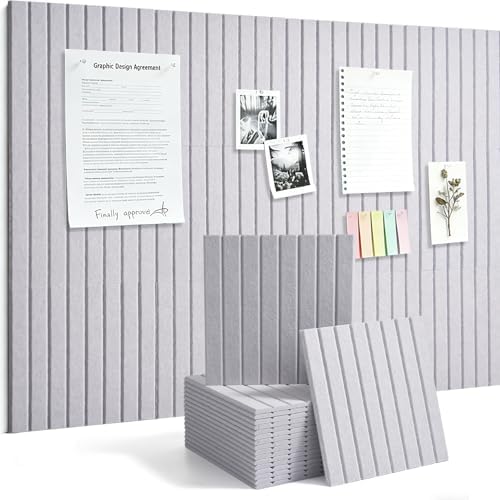 Slat Felt Wall Tiles (12 Pack) - 11.8"x11.8" Self-Adhesive Bulletin Board for Wall, Acoustic Panels for Sound Dampening, Modern Black Pin Board, Home Office Decor (30x30cm)