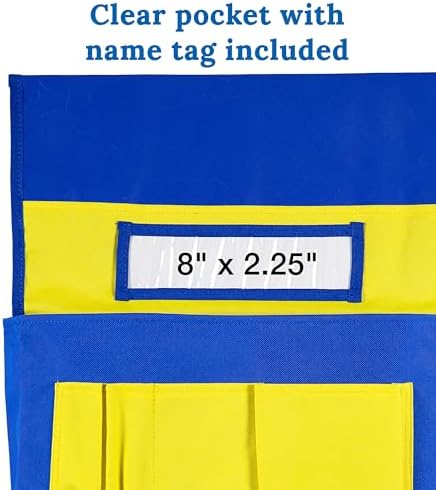 Carson Dellosa Chair Pockets for Classroom, Yellow & Blue, 6-Pack | Durable 15x19" Chairback Buddy for Classroom Supplies, Desk Buddy Pocket Organizer with Name Tag, Back of Chair Storage