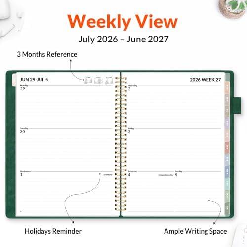 SUNEE 2026-2027 Weekly & Monthly Planner 9"x11.2" - 12 Month (July 2026 - June 2027), Vegan Leather Cover Planner Academic Year Calendar, Pocket, Notes, Monthly Tab, Deep Green