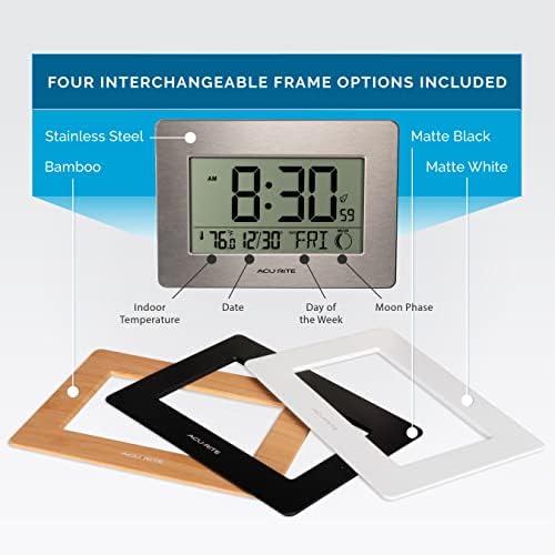 AcuRite Wireless Digital Wall/Tabletop Clock with 4 Interchangeable Plastic Frames - Stainless Steel, Bamboo, Matte Black, and Matte White – with Date, Indoor Temperature, and Moon Phase (75439)